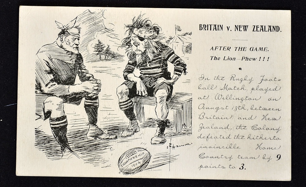 Rare 1904 New Zealand "Britain (British Lions) v New Zealand" rugby postcard - an interesting