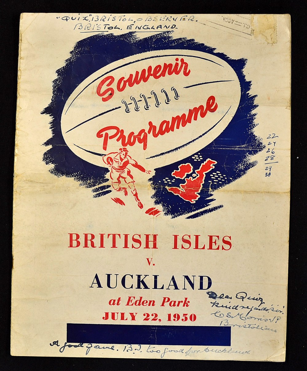 1950 British Lions v Auckland rugby programme - played on the 22nd July with the Lions winning 32-