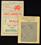 1938 Ireland Rugby team autographs and programme v Wales - played at Swansea on Saturday 12th