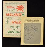 1938 Ireland Rugby team autographs and programme v Wales - played at Swansea on Saturday 12th