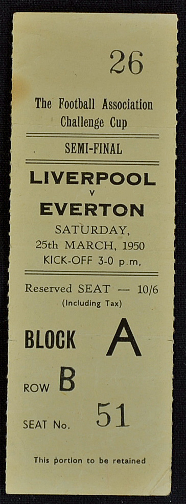 Scarce 1949/50 Liverpool v Everton Football Match Ticket Stub FA Cup SF dated 25 March 1950 at Maine