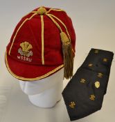 Fine Wales Secondary Schools International Rugby Cap and tie - with gold braid embroidered Crest,