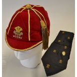 Fine Wales Secondary Schools International Rugby Cap and tie - with gold braid embroidered Crest,