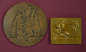 2x 20thc Bronze Rugby Medals (2) - to incl French embossed rectangular plaque stamped Andre Mery