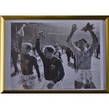 1966 World Cup Signed Photograph signed by England players Banks, Moore, and Cohen, framed