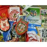 Mixed Box of Football Ephemera to include club pennants (European), small flags, badges (mainly