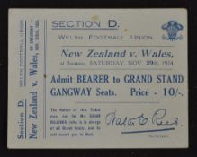 Rare 1924 Wales v New Zealand All Blacks Invincibles rugby match ticket - played at Swansea on