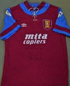 Aston Villa match worn shirt with Steve Staunton autograph to the front, the shirt has the tie up