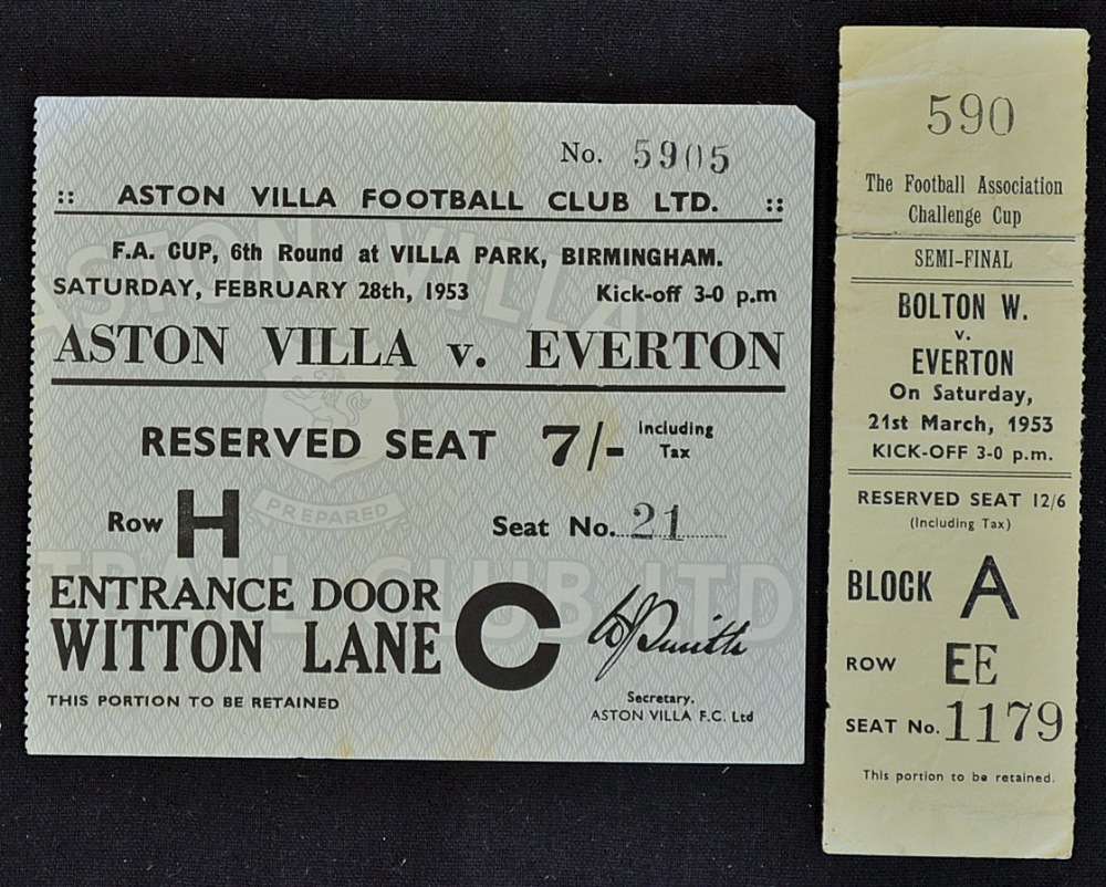 1953 Everton v Bolton Wanderers Football Match Ticket Stub at Maine Road 21 Mar and 1952/3 Aston