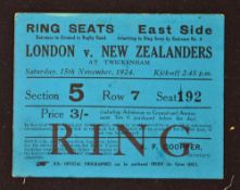 Rare 1924 London v New Zealand All Blacks Invincibles rugby match ticket - Excellent crisp blue card