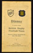 Rare 1930 British Lions v New Zealand signed rugby dinner menu - held on July 5, 1930 at