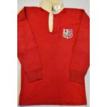 Rare 1955 British Lions Rugby Shirt - No. 8 issued to R.E.G Jeeps with embroidered Lions crest, long