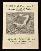 1931 England v South Africa Springboks rugby programme - with usual pocket fold and soiling to the