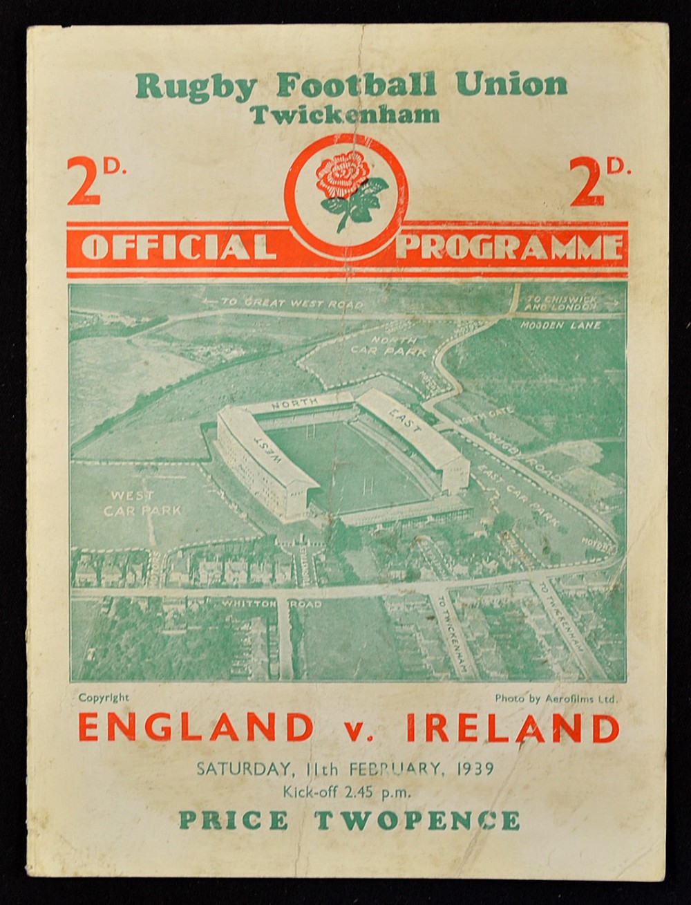 1939 England v Ireland (Runners-up) rugby programme - played at Twickenham on 11th February, usual