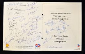 Magnificently multi-signed 1992 New Zealand Rugby Union Centennial Dinner Menu - large near-mint 4pp