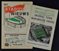 1958/1959 Friendly match away programmes Manchester United v Swansea Town (24 January), Feyenoord (