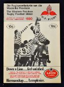 1980 British Lions v Western Province rugby programme - played at Newlands Cape Town with the
