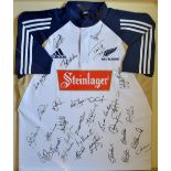 2004 New Zealand All Blacks Autumn Series signed rugby training shirt - blue white training jersey