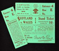 1931 Wales (Champions) v Scotland rugby ticket-played at Cardiff Arms Park on Saturday 7 February