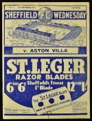 Pre-war 1937/1938 Sheffield Wednesday v Aston Villa football programme dated 18 September 1938.