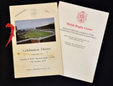 2 x Welsh Rugby Union dinner menus from 1970 and 1984 - celebrating the opening of Wales National