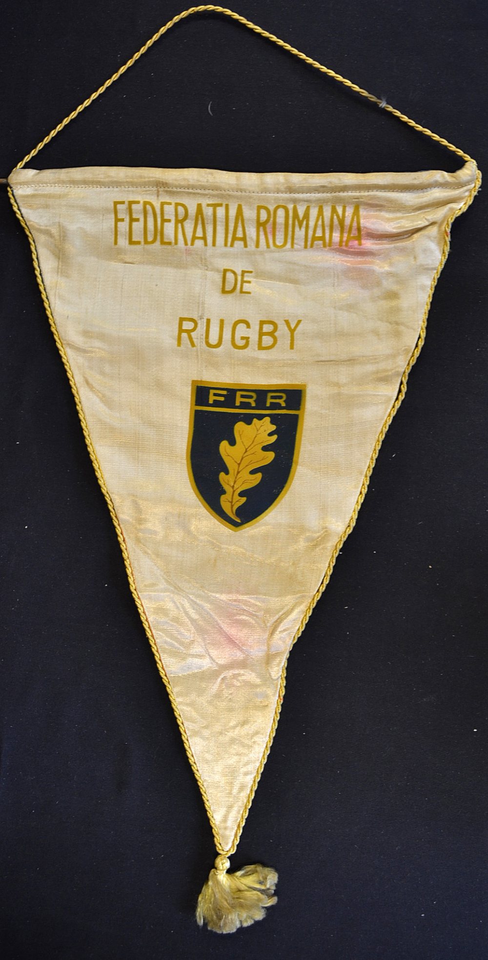 An official Romania silk rugby match pennant - with the nations colours on the one side and