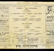 Rare 1924 London v New Zealand All Blacks Invincibles rugby programme - played at Twickenham on