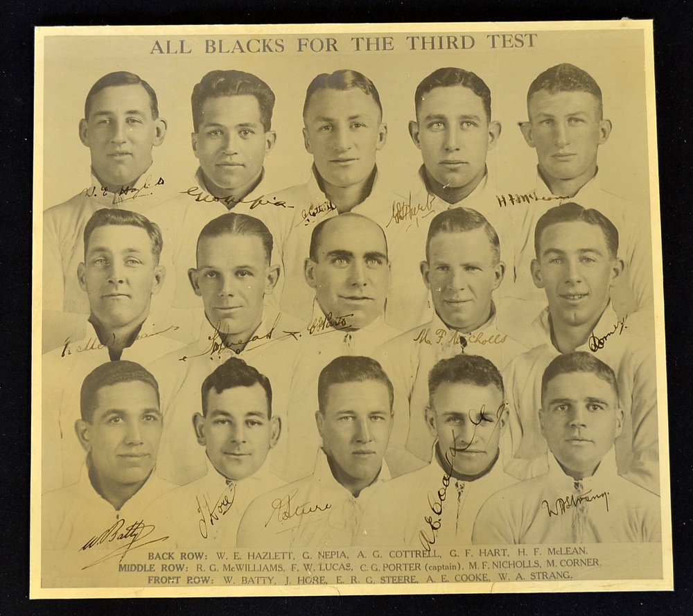 Very rare 1930 New Zealand All Blacks (v British Lions) signed rugby team photograph - head shoulder