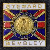 Scarce 1966 World Cup Wembley Stewards Badge depicting inset Jules Rimet Trophy, a square, enamel