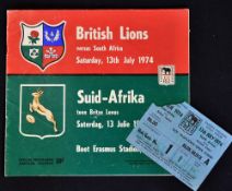 Scarce 1974 British Lions vs South Africa rugby programme and ticket 3rd test match played Though it