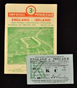 1948 England v Ireland rugby programme and ticket - played at Twickenham on Saturday 14th