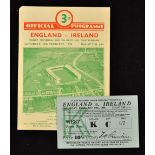 1948 England v Ireland rugby programme and ticket - played at Twickenham on Saturday 14th