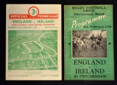 2x 1950 England v Ireland official and pirate rugby programmes-played on Saturday 11th of February