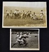 2x early Rugby black and white action press photographs - to incl Scotland v France (6" x 12")