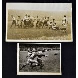 2x early Rugby black and white action press photographs - to incl Scotland v France (6" x 12")