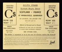 1948 Scotland v France (runners-up) rugby ticket played at Murrayfield on Saturday 24th January-