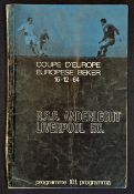 1964/1965 Anderlecht v Liverpool European Cup match programme Fair condition overall