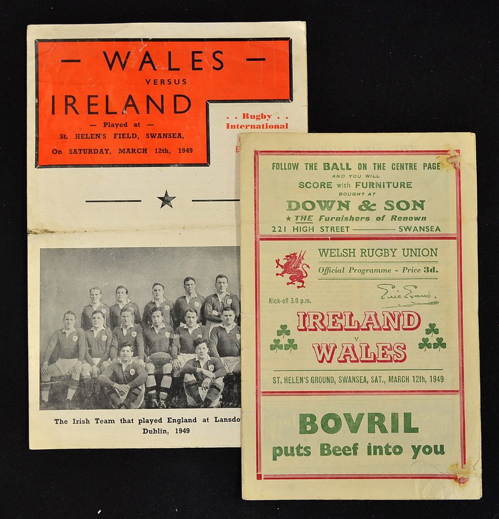 2x 1949 Wales v Ireland (Champions) official and pirate rugby programmes played at St Helens Swansea