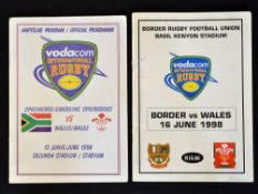 2x 1998 Wales rugby tour to South Africa extensively signed rugby programmes - to incl vs Emerging