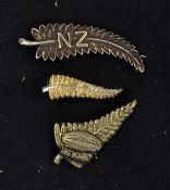3x New Zealand All Black rugby lapel badges - three different white metal "Silver Fern" badges,
