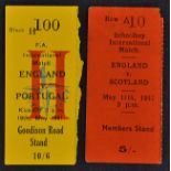 1951 England v Portugal FOB Football Match Ticket Stub dated 19 May 1951 and 1947 England v Scotland