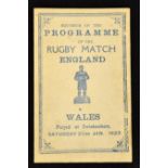 Rare 1923 England v Wales Pirate rugby programme - single folded pictorial card played at Twickenham