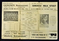 Rare 1924 Devon v New Zealand All Blacks Invincibles rugby programme - played at Devonport on