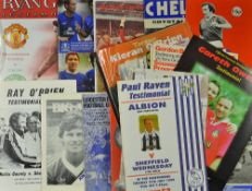 Collection of testimonial/benefit match programmes covering many clubs including Everton, Chelsea,