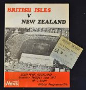Scarce 1977 British Lions vs New Zealand rugby programme and ticket - 4th test match played at