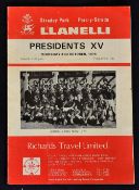 Interesting 1974 Llanelli v Presidents XV rugby programme - Presidents XV was effectively the 1974