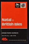 1974 British Lions v Natal rugby programme-played at Kings Park Durban on Saturday 20 July the Lions