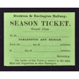 Stockton & Darlington Railway Company Season Ticket 1850-60s a 2nd Class Season Ticket between