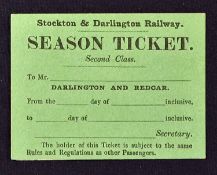 Stockton & Darlington Railway Company Season Ticket 1850-60s a 2nd Class Season Ticket between