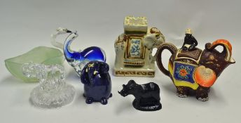 Assorted Selection of Elephants to include a decorative Teapot with Rider Lid, two glass elephant